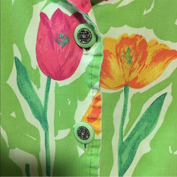 BOBBIE BROOKS PLUS BUTTON UP TOP 38 FLORAL TULIPS SHORT SLEEVE ARTSY PINK GREEN - Picture 3 of 7